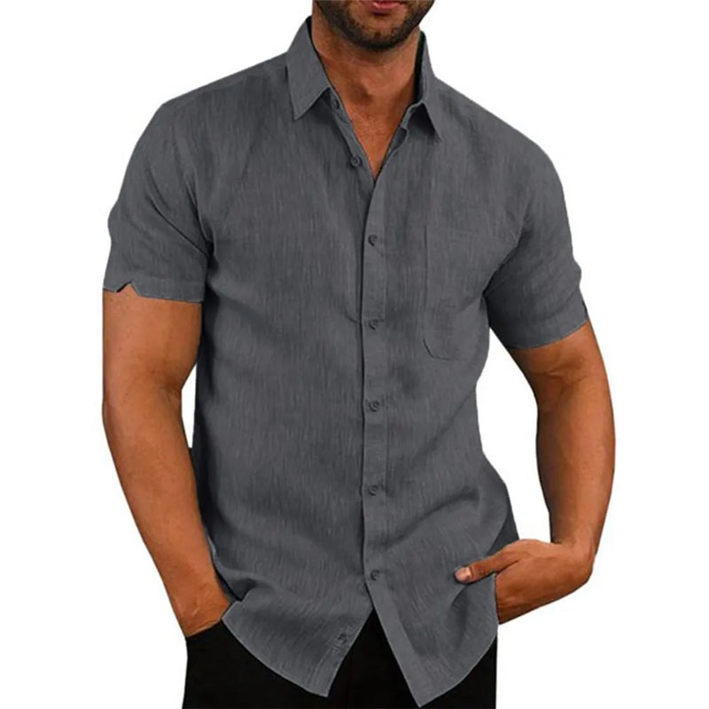 Camisa Masculina Algodão Linho Verão Manga Curta Preto