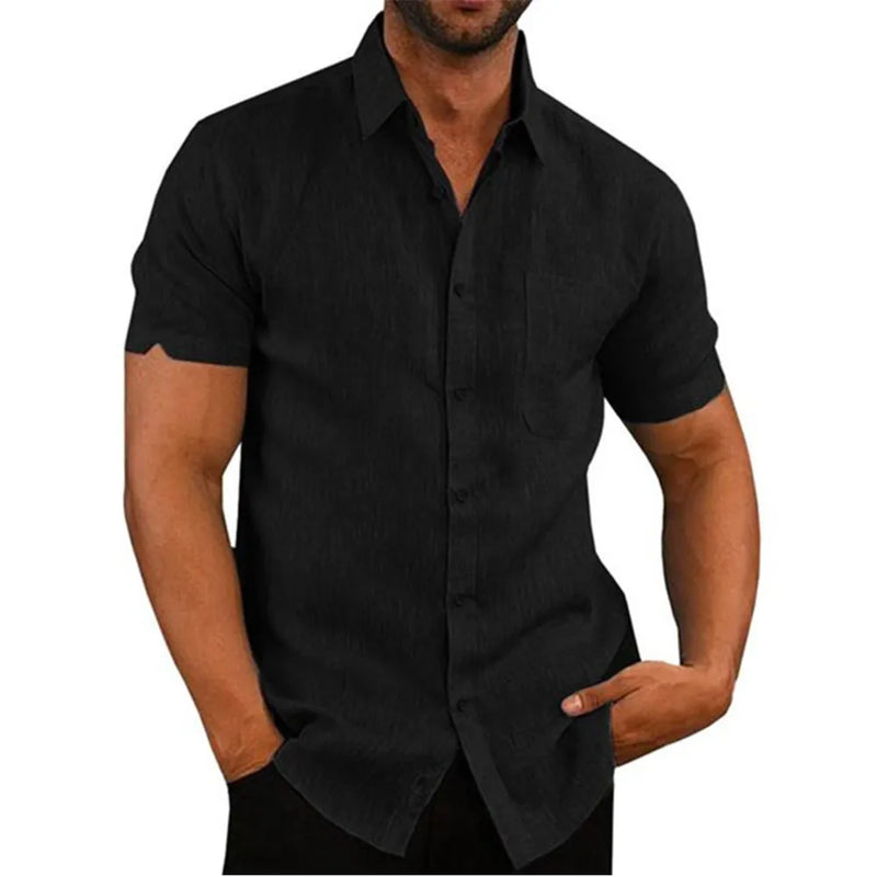 Camisa Masculina Algodão Linho Verão Manga Curta Preta