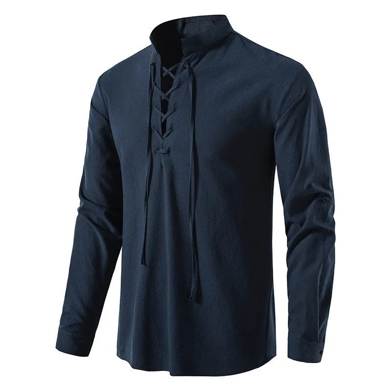 Camisa Masculina Linho e Algodão Manga Longa Azul Marinho