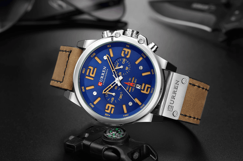 Relógio Masculino Couro Legitimo Luxo Prata/Azul 8314 - Valorindomavel