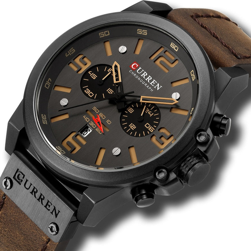 Relógio Masculino Curren Couro  Legitimo Luxo Preto Premium 8314