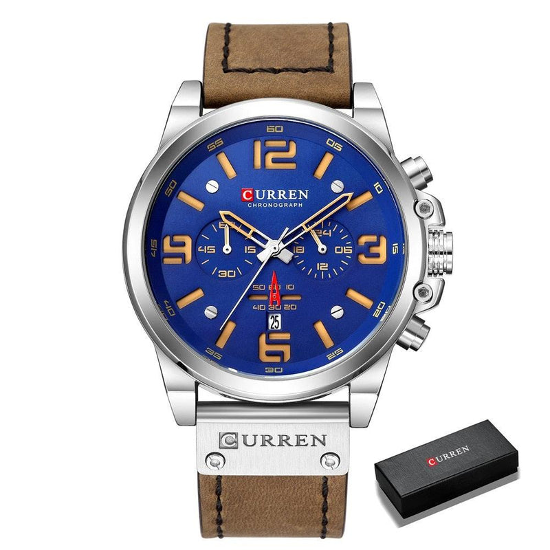 Relógio Masculino Couro Legitimo Luxo Prata/Azul 8314 - Valorindomavel